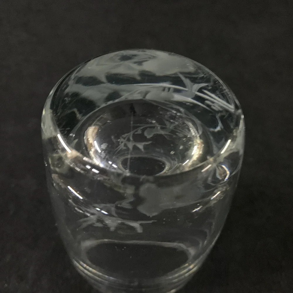 Vintage Art Glass Vase Etched Birds on Branch Oval Heavy Clear 6.5in MCM